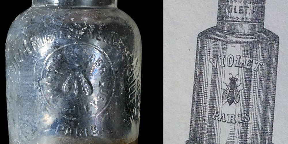 Seifenflasche als Foto und Katalogzeichnung mit Markenaufschrift "Maison Violet Paris" vom Marienhof.